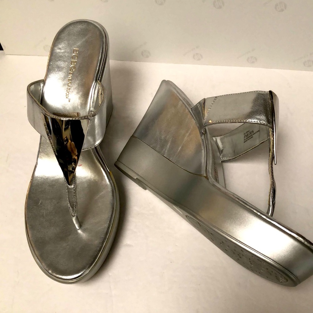 BCBGeneration Metallic Silver Wedge Thong Sandals
